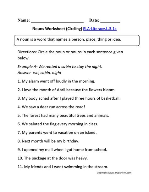 nouns worksheet for class 7
