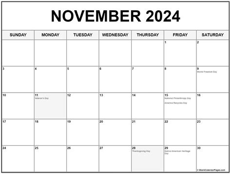 November Calendar 2024 With Holidays