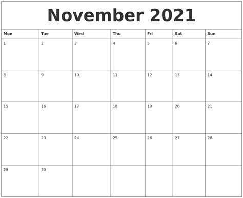 november 2021 calendar printable monday start