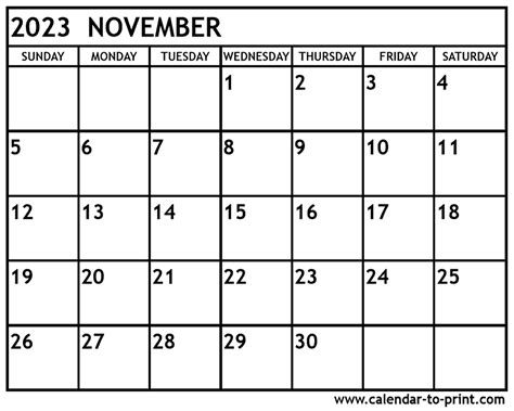 november monthly calendar 2023 printable free