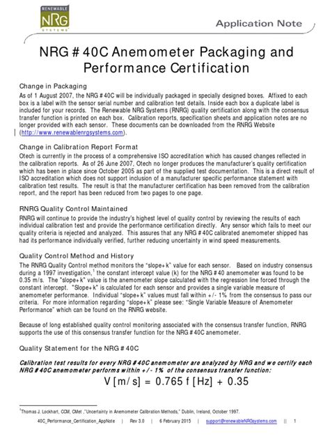 Nrg Anemometer Calibration Report