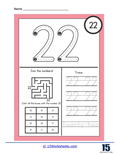 Number 22 Printable Worksheets