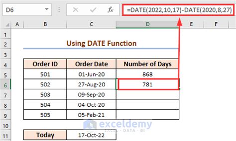number of days from one date to another in excel
