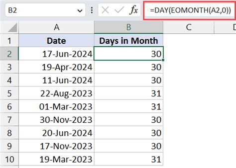 number of days in the month excel formula