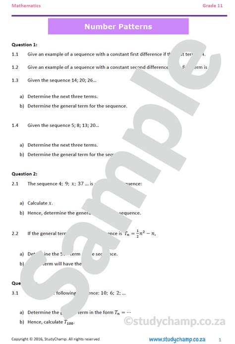 number pattern grade 11 questions and answers pdf