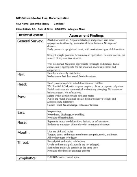 nursing documentation examples head to toe