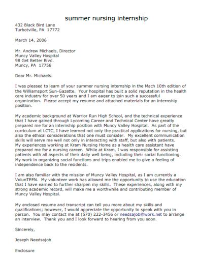 Famous Nursing Internship Cover Letter Examples New Release