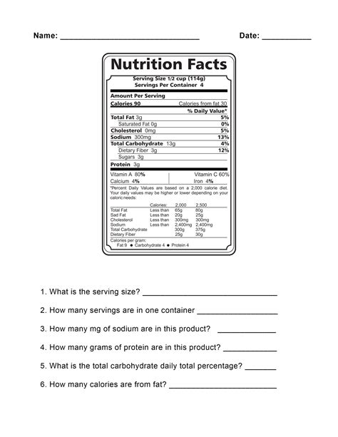 Nutrition Label Worksheet Answer Key Free