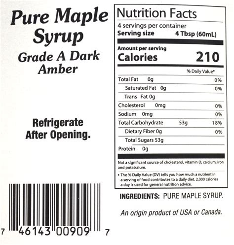 nutrition label for maple syrup