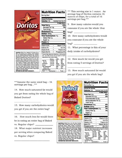 nutrition label worksheet answer key doritos