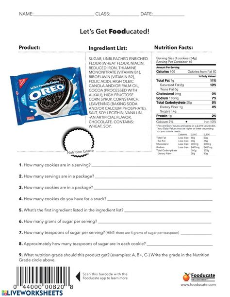 nutrition label worksheet answer key oreos pdf