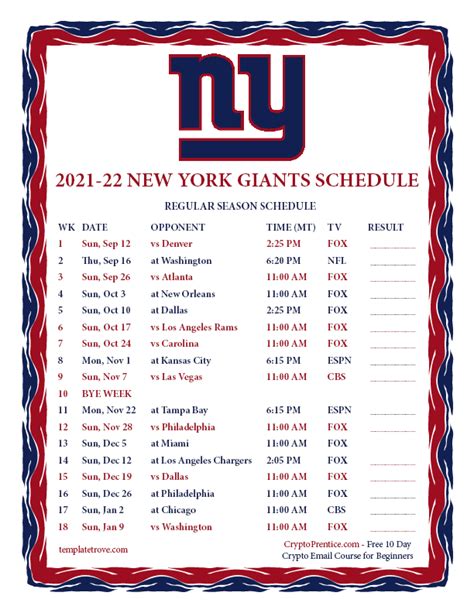 ny giants schedule 2021 2022 printable