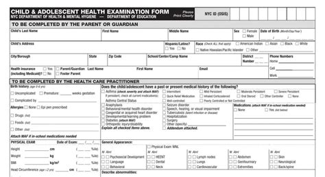 nyc doe child and adolescent health form