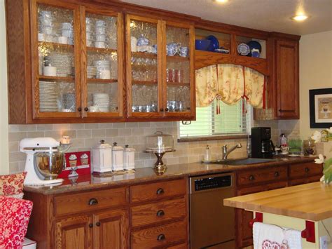 oak kitchen cabinets with glass doors