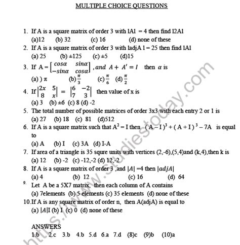 Objective Questions Of Matrices And Determinants Class 12