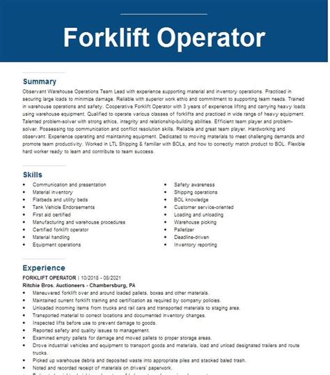 objective summary for forklift operator resume
