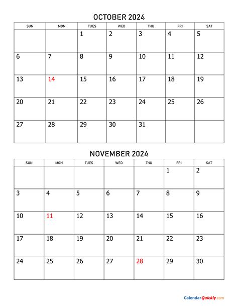 October And November 2024 Calendar