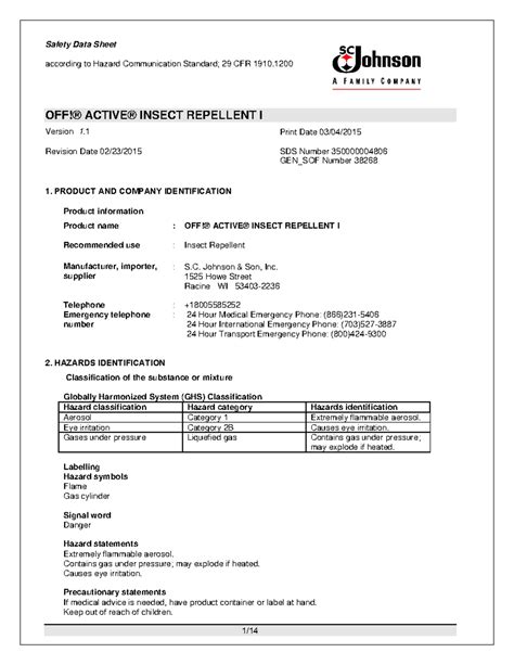 Off Bug Spray Sds