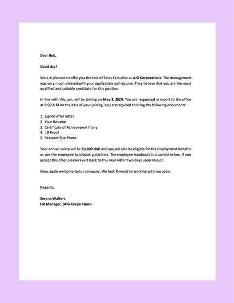 offer letter format for sales executive word