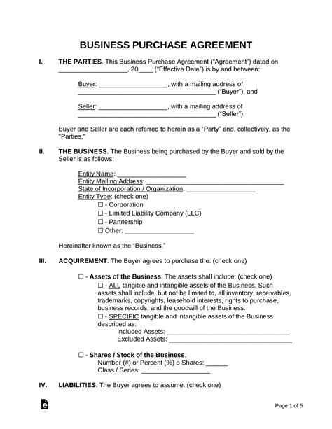 Offer To Purchase Business Agreement Template