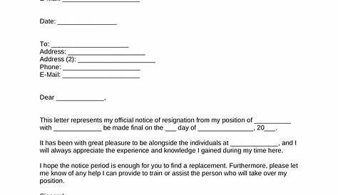 Office Resignation Letter Format Pdf Printable Due To Relocation Examples