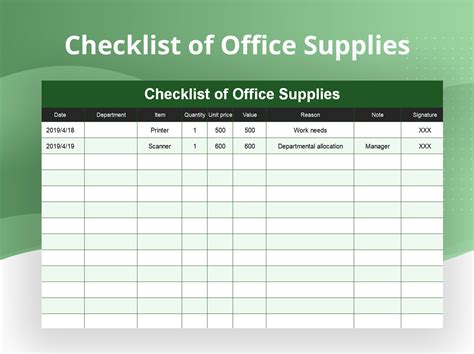 office supplies list excel