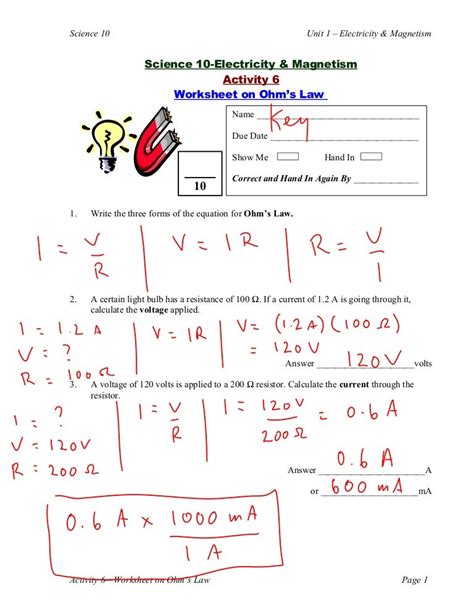 ohm's law and power equation practice worksheet answers