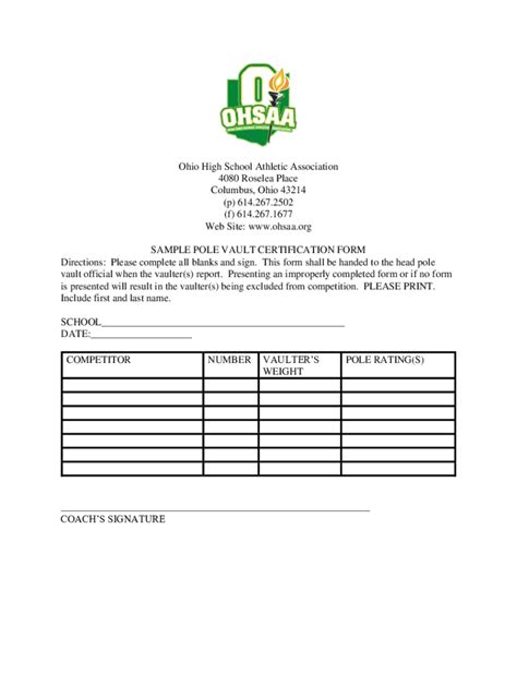 Ohsaa Pole Vault Verification Form