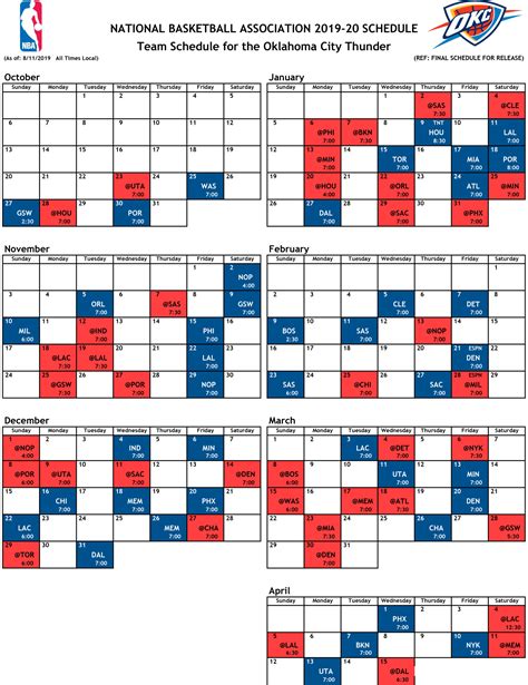 okc thunder basketball schedule calendar