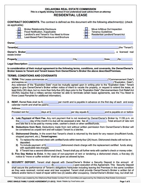 Oklahoma Residential Lease/Rental Agreement Forms Free PDF