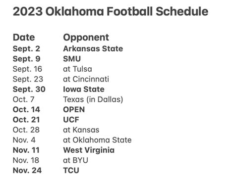 oklahoma university football schedule 2023