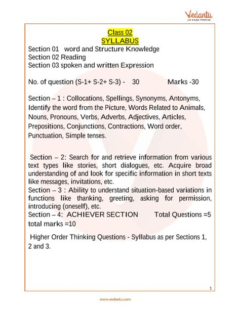 olympiad english syllabus for class 2