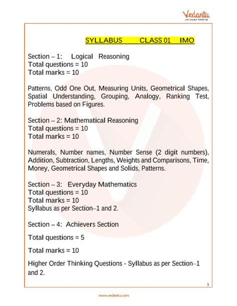 olympiad exam for class 1 maths syllabus