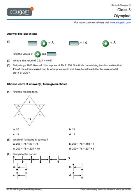 olympiad exam questions for class 5 maths