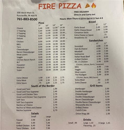 On Fire Pizza Menu