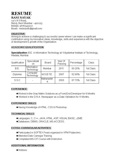 Sample Resume for 1.5 Years Experience