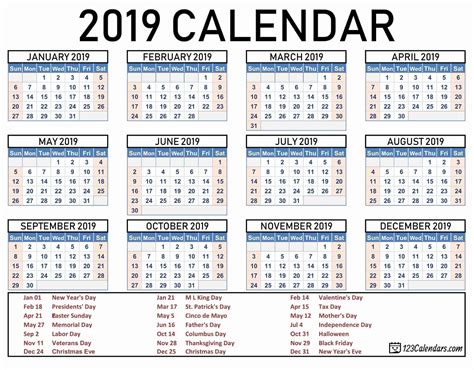 one page 2019 calendar