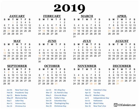 one page 2019 calendars