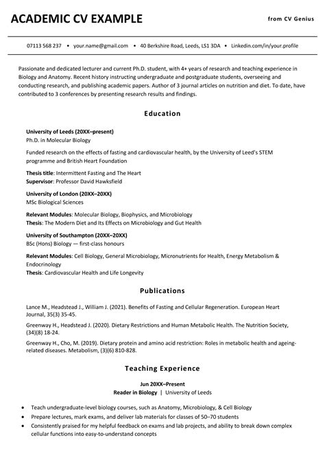 one page academic cv example