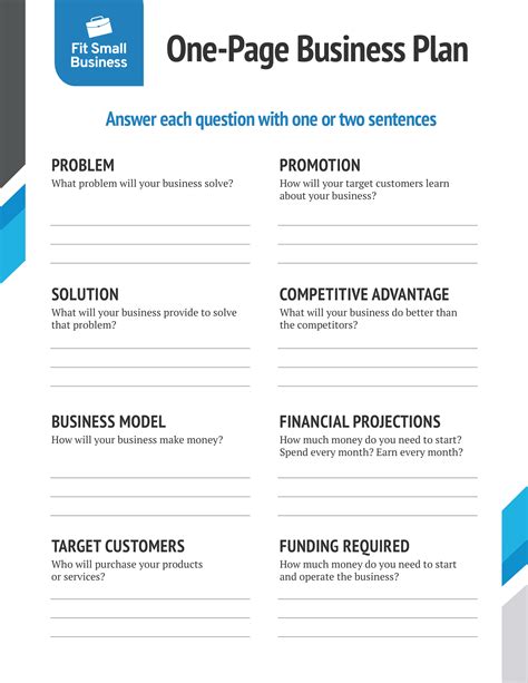 one page business plan