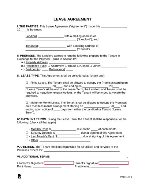 one page lease agreement template