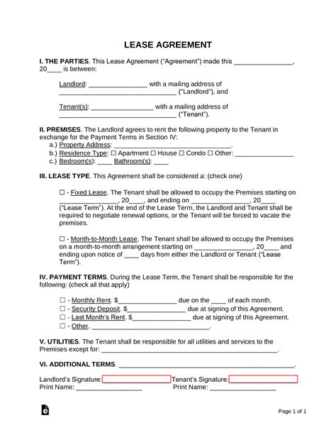 one page lease agreement word