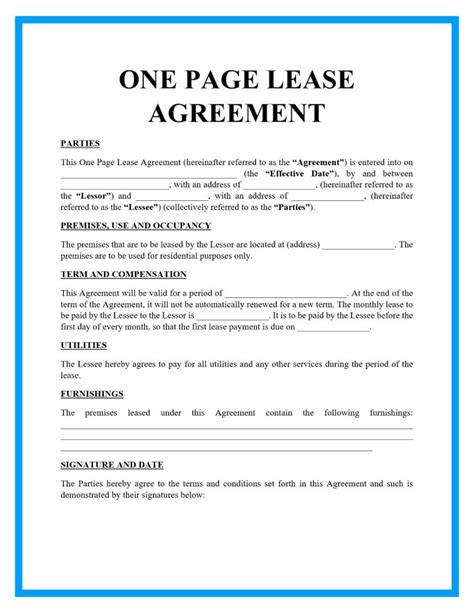 one page lease agreement word