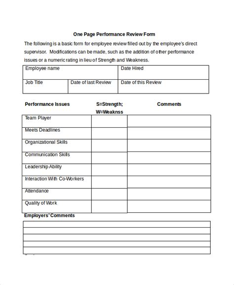 one page performance review template