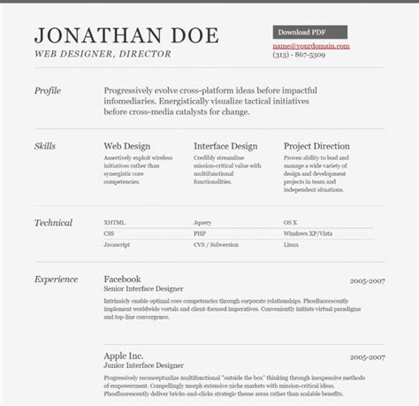one page resume html template free
