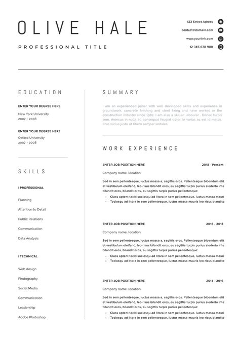 one page resume outline