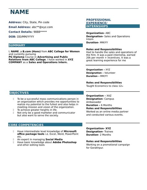 one page resume templates for freshers