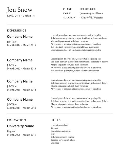 one page simple resume template word free