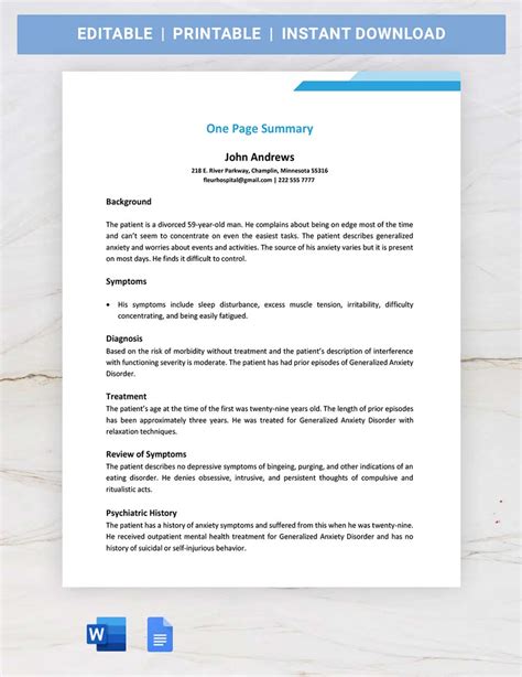 one page summary template
