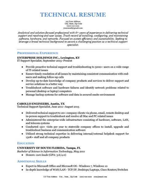 one page technical resume examples